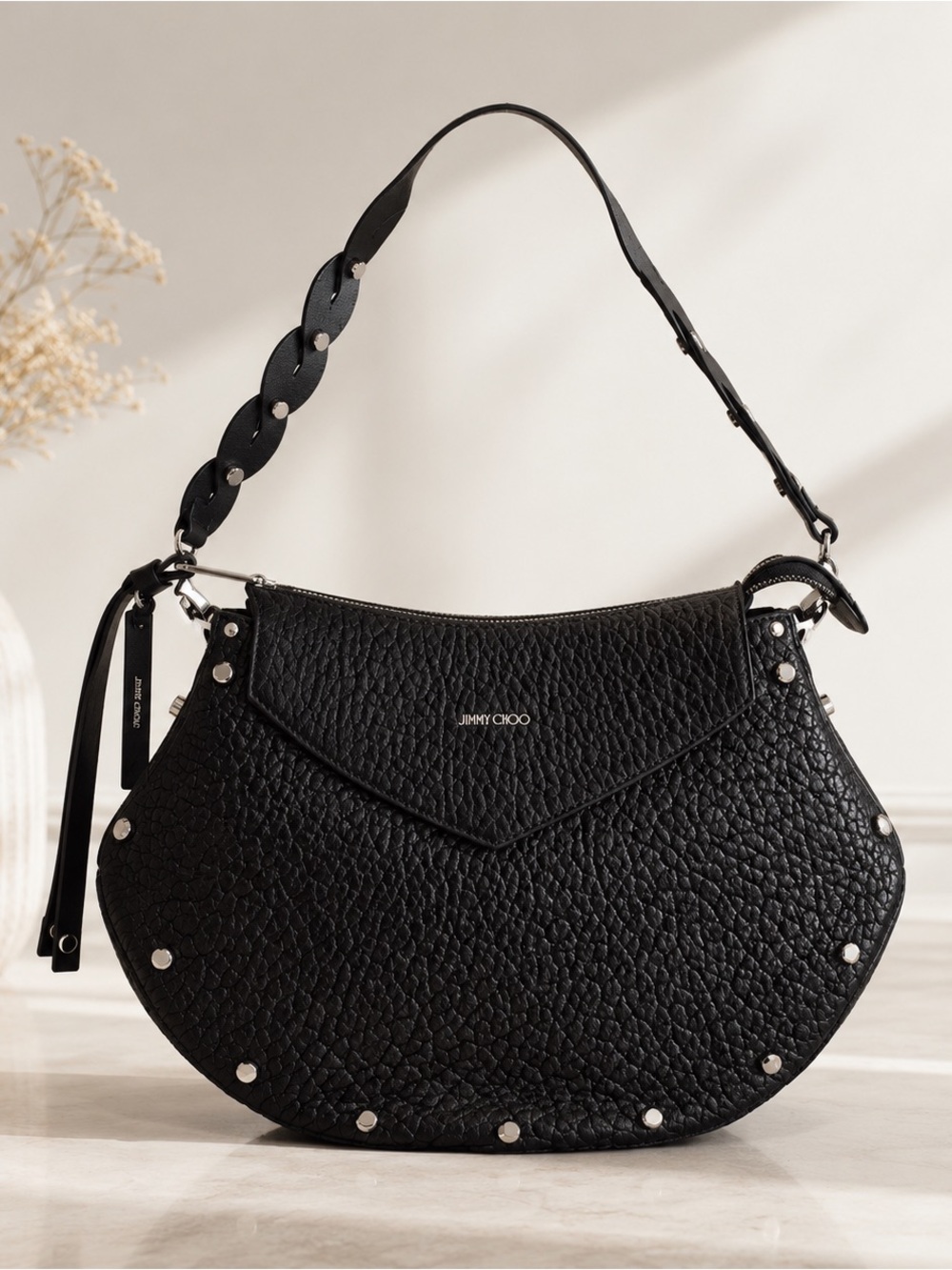 Jimmy Choo Black Textured Crescent Shoulder Bag with Stud Accents